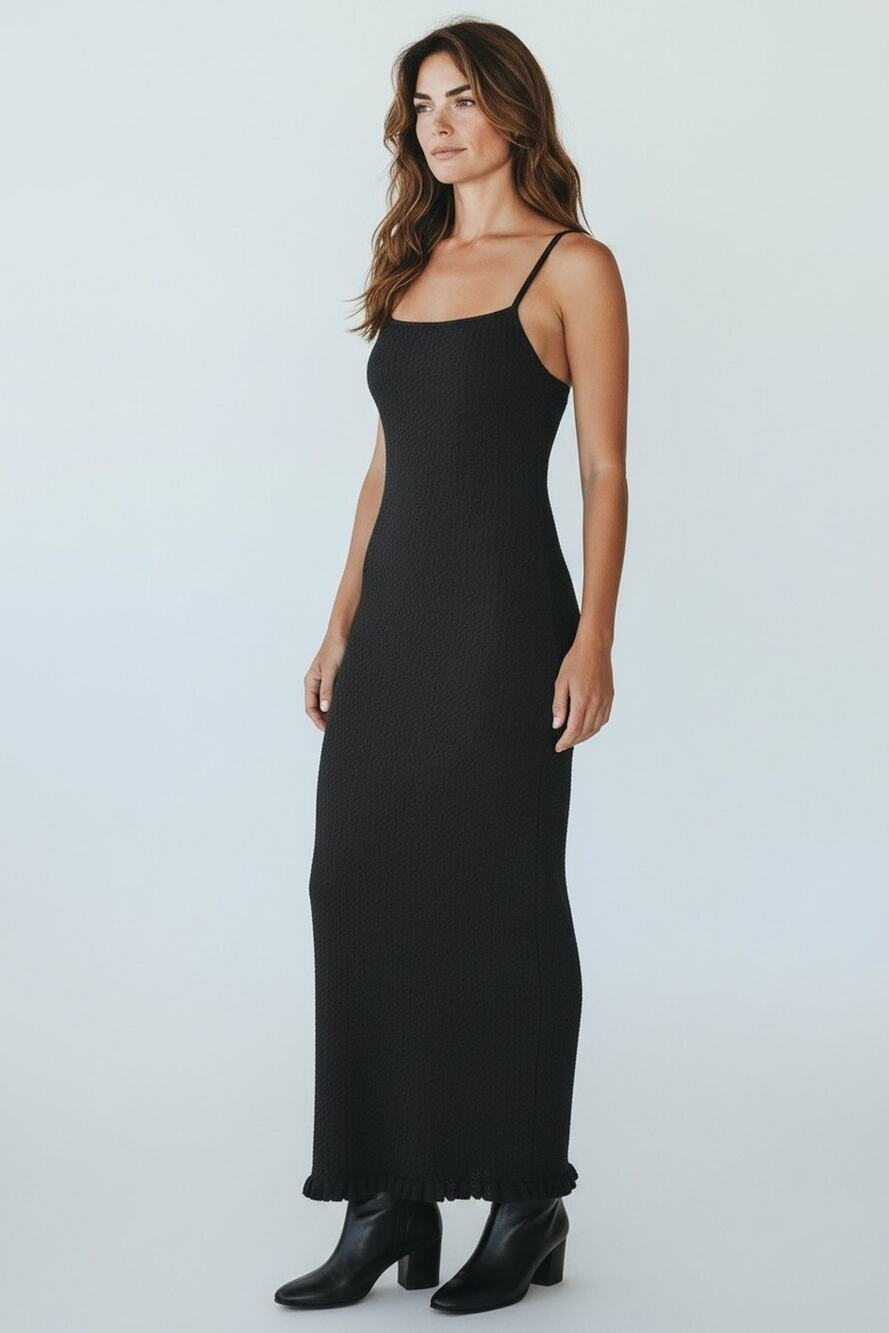 B0 Auth POSSE Viscose Knit Fitted Spaghetti Strap Ruffled Hem Maxi Dress Size S